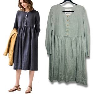 notPERFECTLINEN $139 Long Sleeve Maxi Mama Linen Dress in Sage Green Size XL